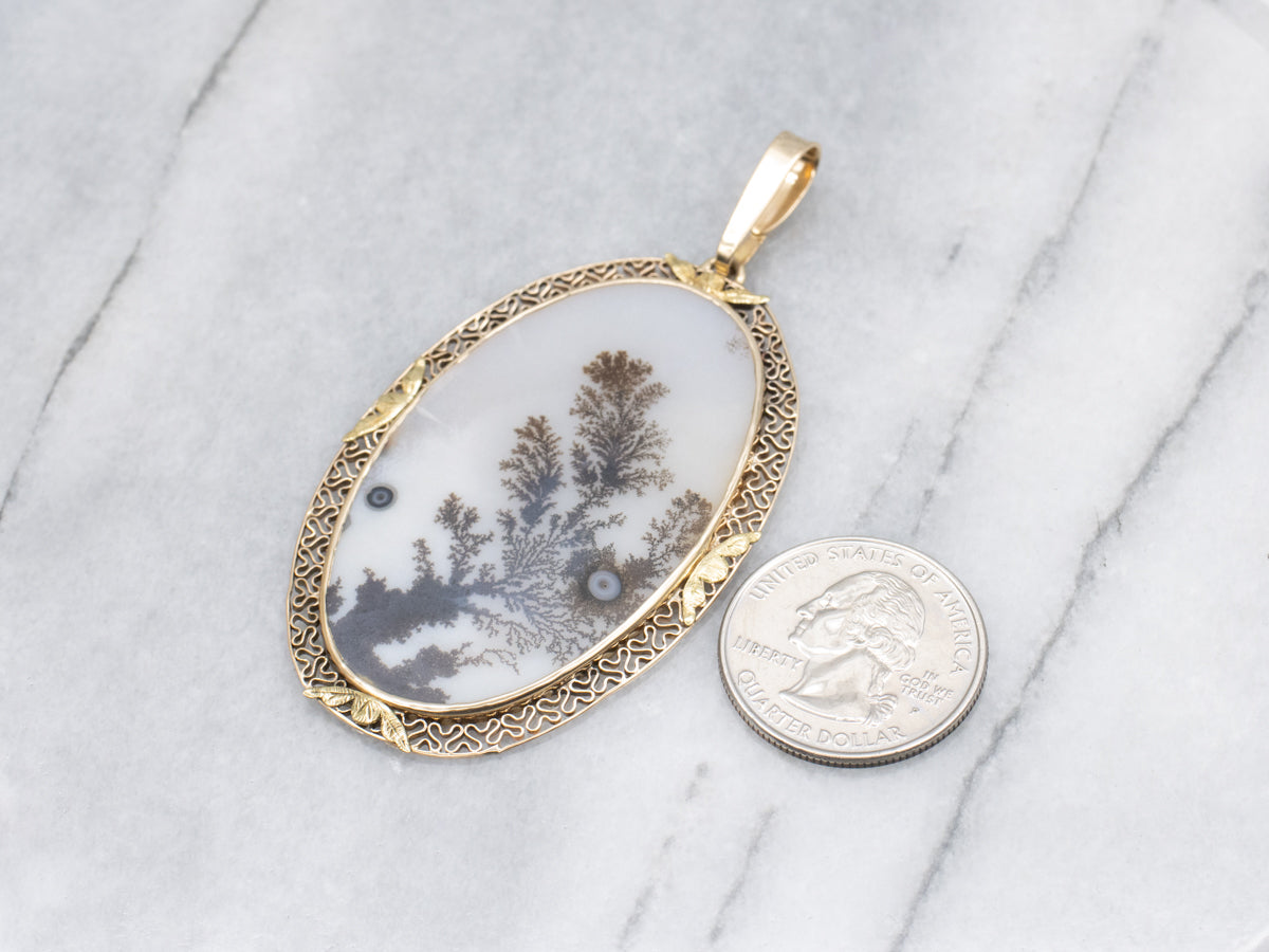 Dendritic Agate Gold Filigree Statement Pendant