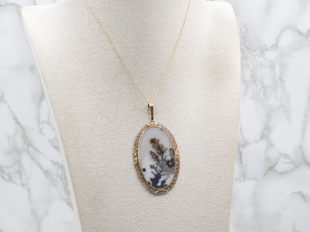 Dendritic Agate Gold Filigree Statement Pendant