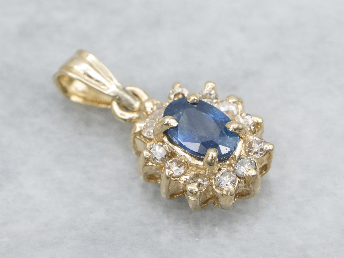 Classic Sapphire and Diamond Halo Gold Pendant