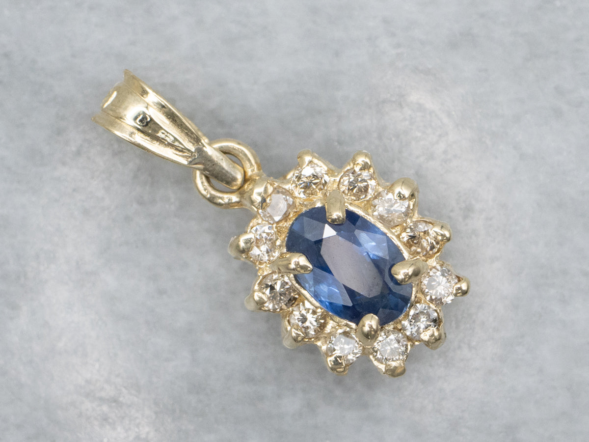 Classic Sapphire and Diamond Halo Gold Pendant