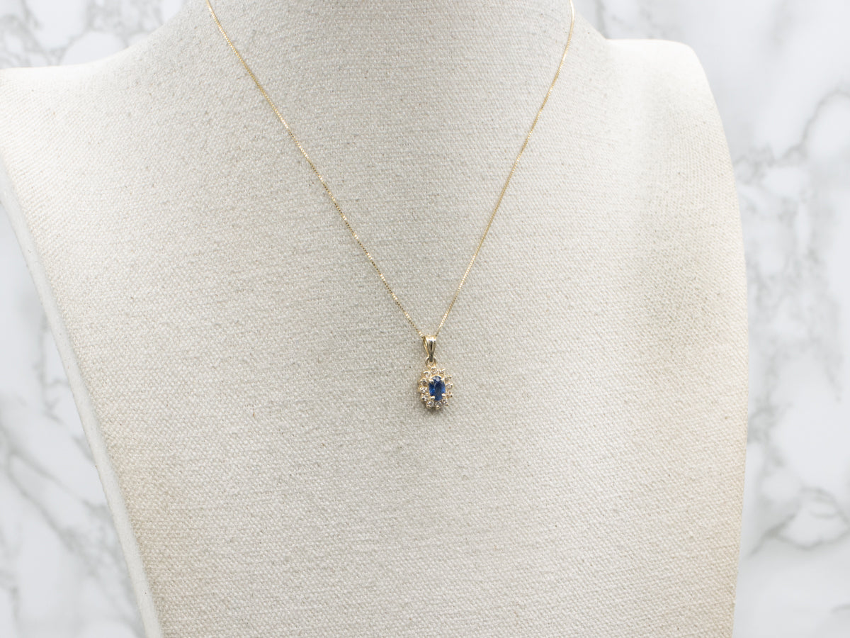 Classic Sapphire and Diamond Halo Gold Pendant