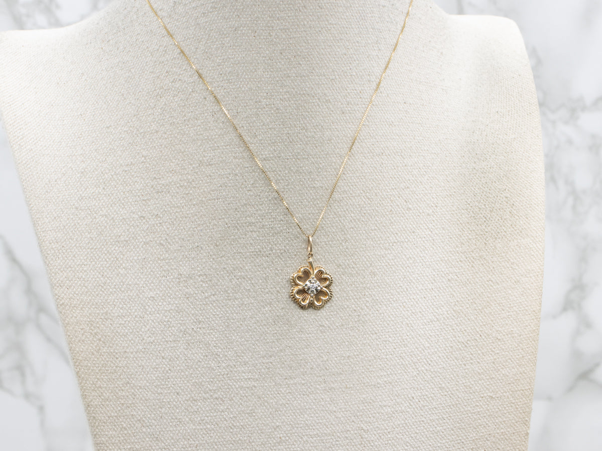 Vintage Two-Tone Gold Diamond Four-Leaf Clover Pendant