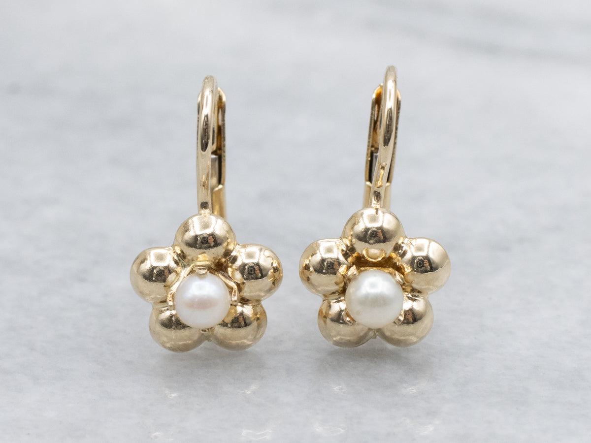Vintage Italian Gold and Pearl Flower Blossom Drop Earrings