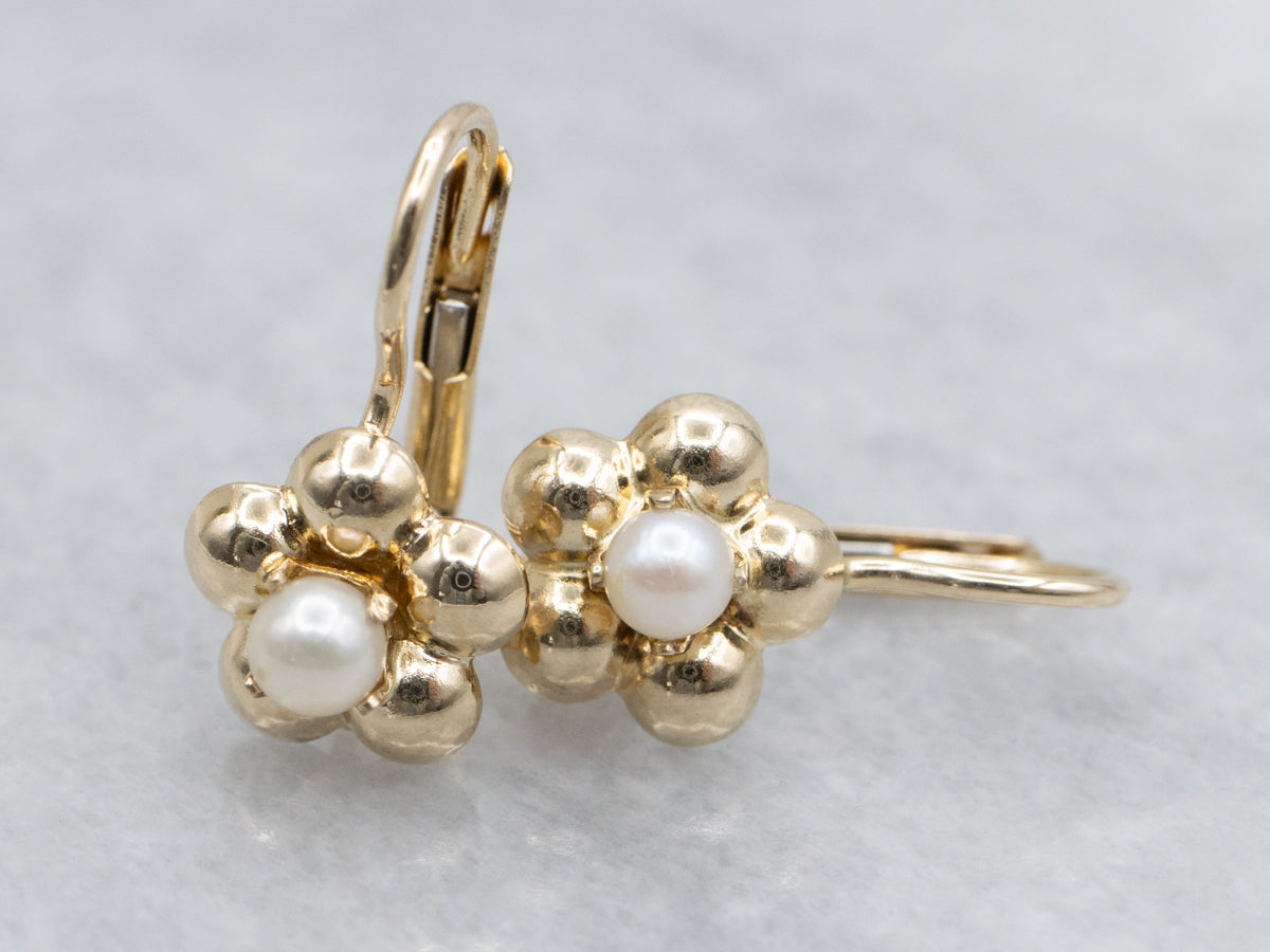 Vintage Italian Gold and Pearl Flower Blossom Drop Earrings