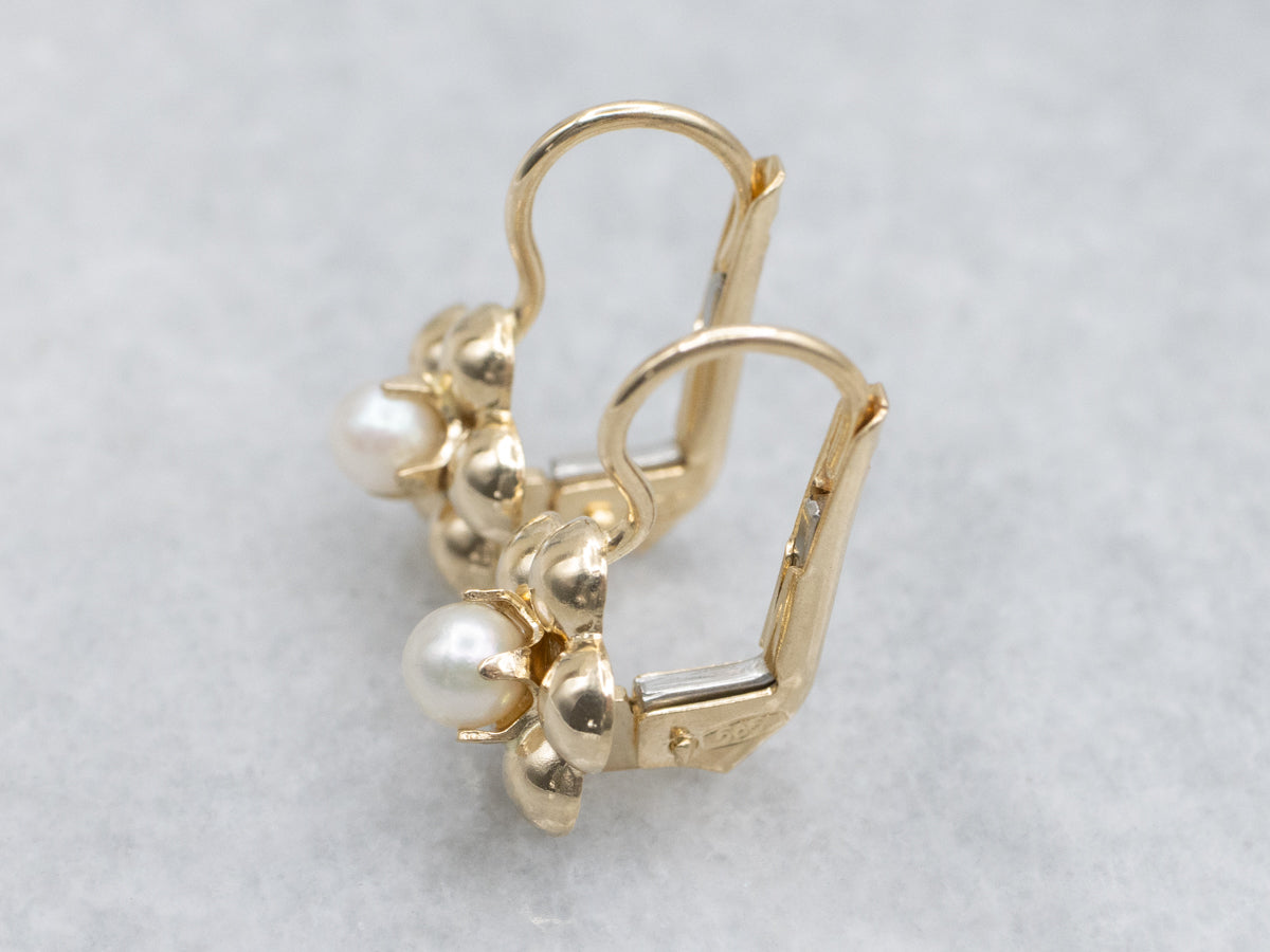 Vintage Italian Gold and Pearl Flower Blossom Drop Earrings