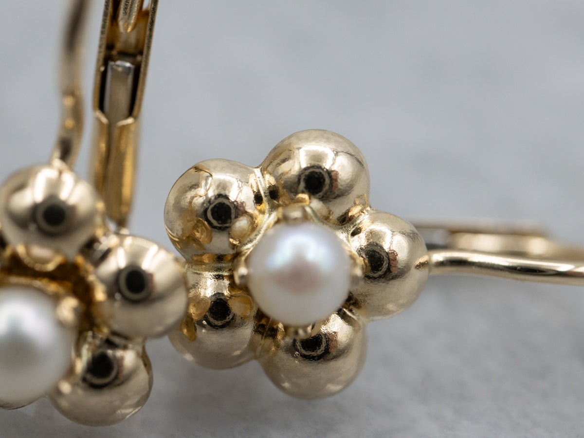 Vintage Italian Gold and Pearl Flower Blossom Drop Earrings