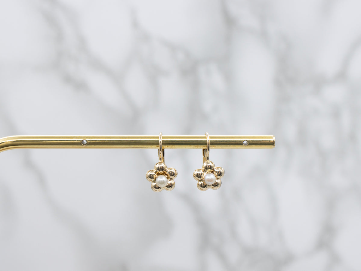 Vintage Italian Gold and Pearl Flower Blossom Drop Earrings
