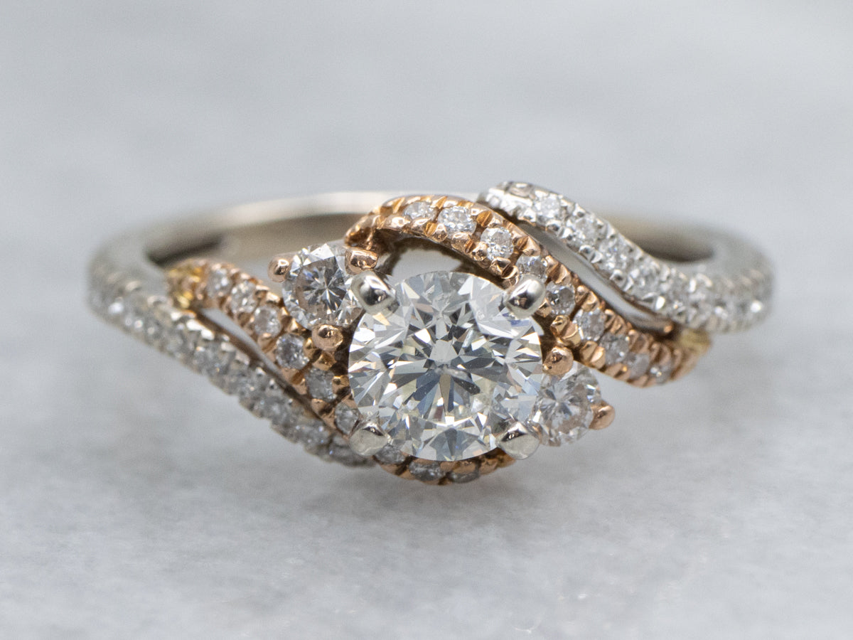Modern Two-Tone Gold Twisting Diamond Bypass Engagement Ring