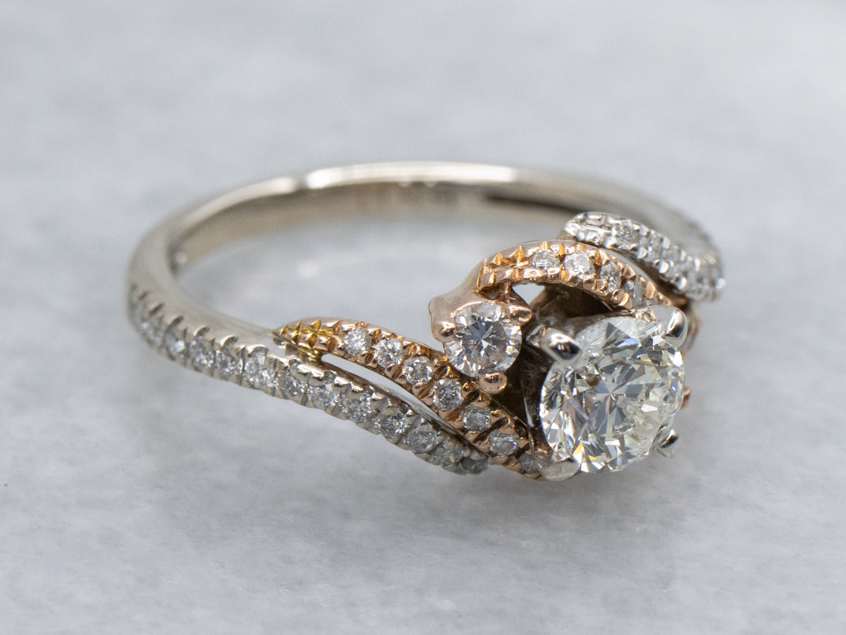 Modern Two-Tone Gold Twisting Diamond Bypass Engagement Ring