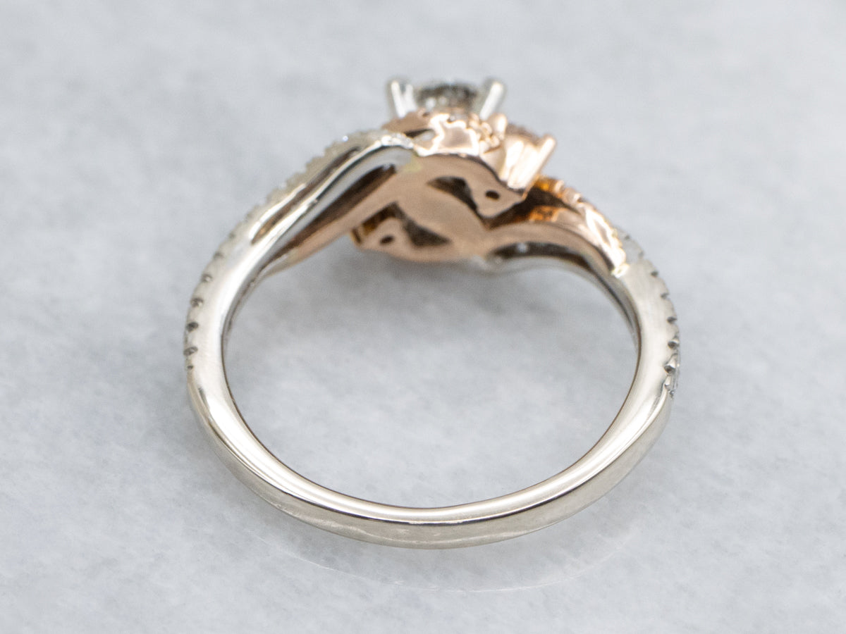 Modern Two-Tone Gold Twisting Diamond Bypass Engagement Ring