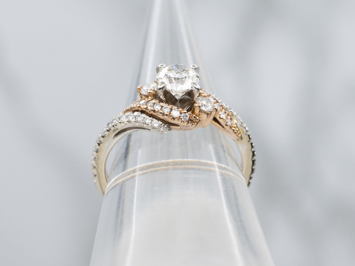 Modern Two-Tone Gold Twisting Diamond Bypass Engagement Ring