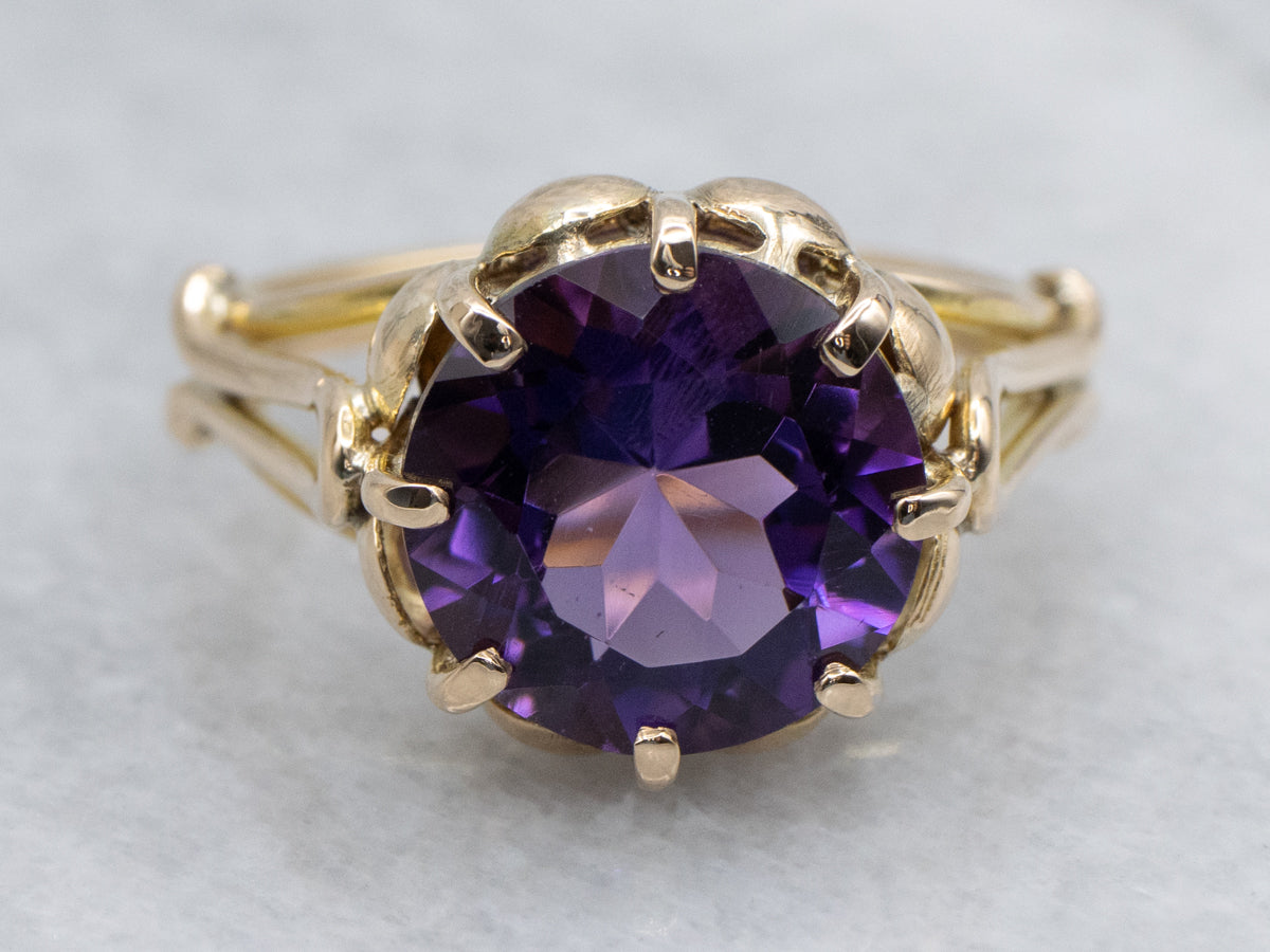 Gold Split Shank Round-Cut Amethyst Solitaire Ring
