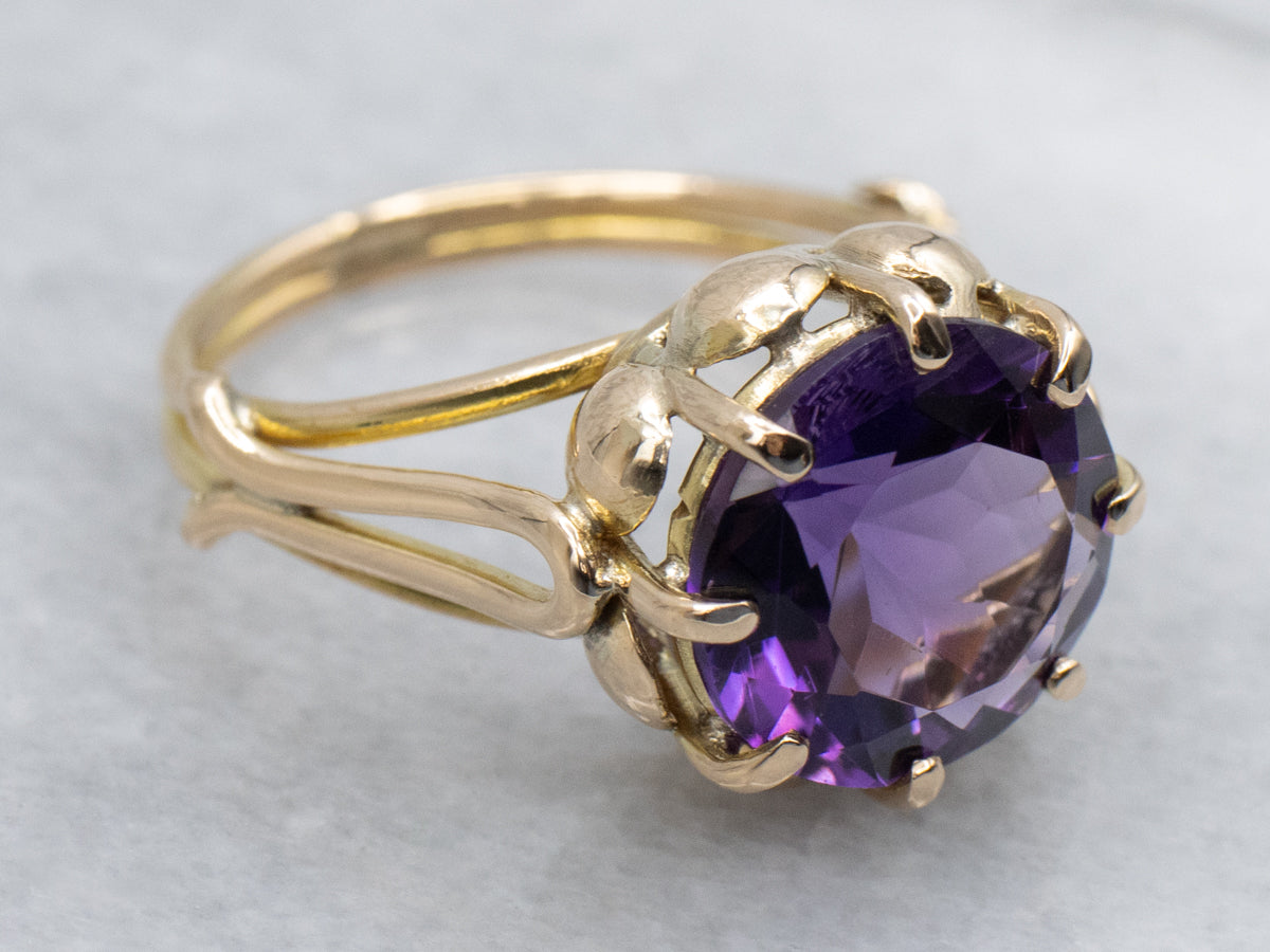 Gold Split Shank Round-Cut Amethyst Solitaire Ring