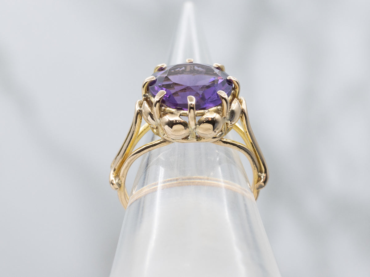Gold Split Shank Round-Cut Amethyst Solitaire Ring
