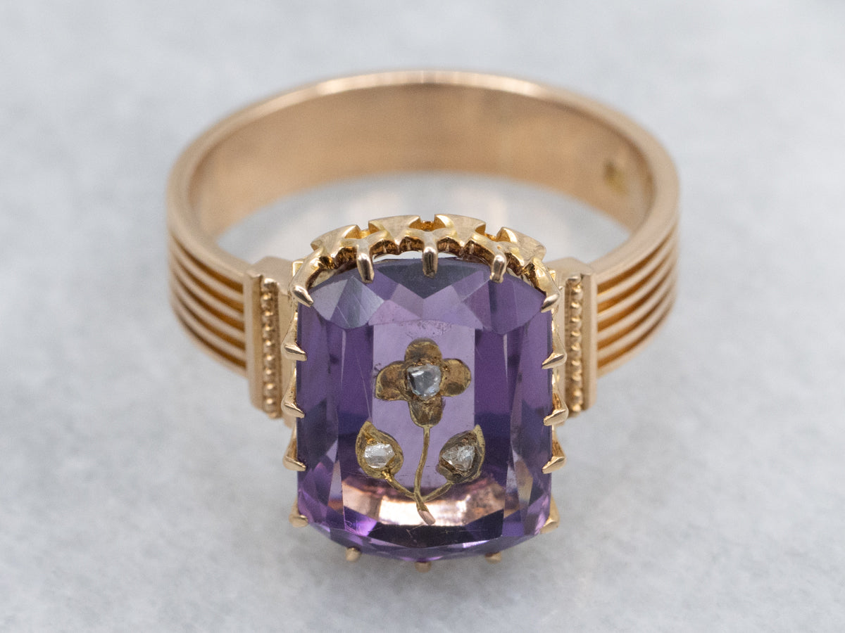 Victorian Era Carved Amethyst Rose Cut Diamond Flower Ring