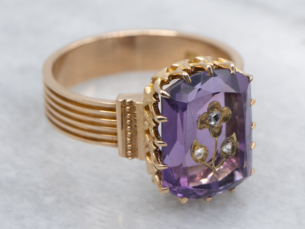 Victorian Era Carved Amethyst Rose Cut Diamond Flower Ring