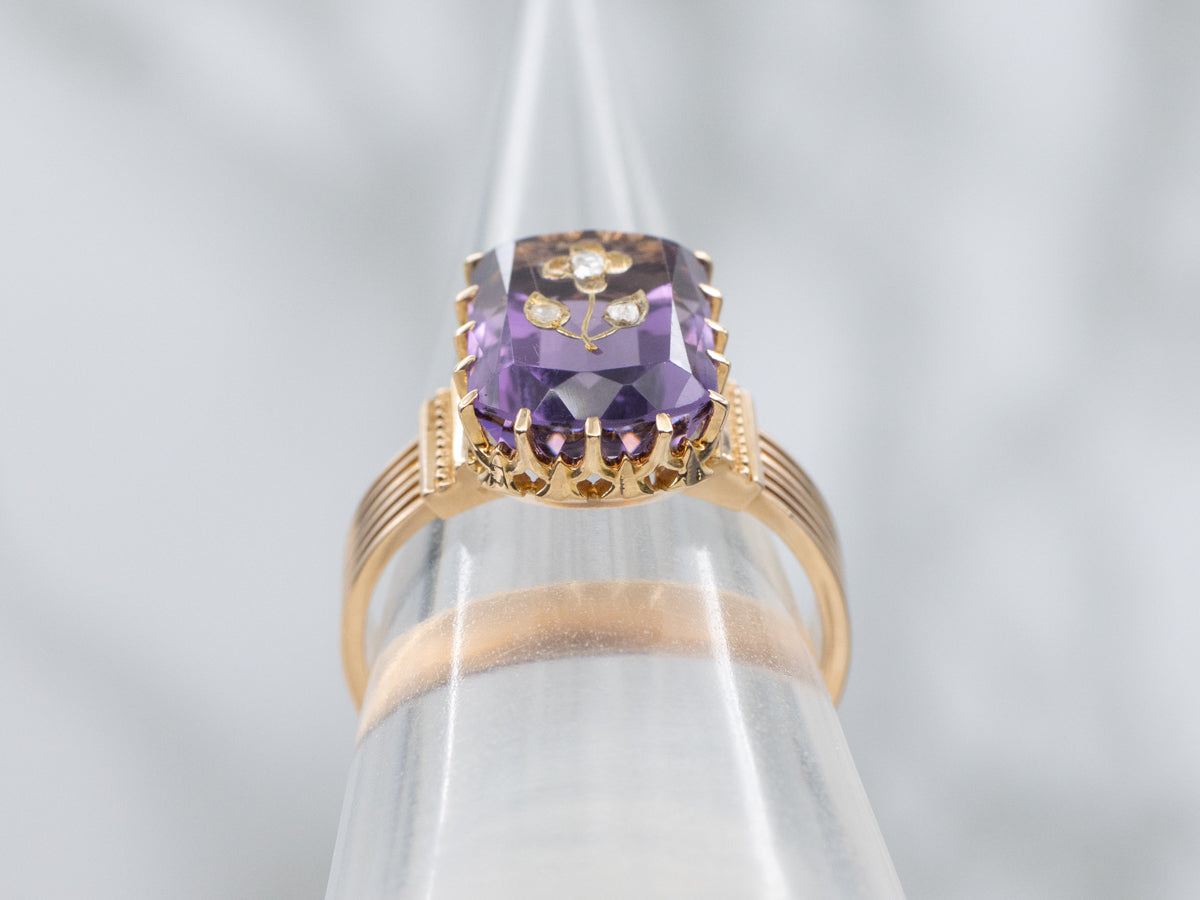 Victorian Era Carved Amethyst Rose Cut Diamond Flower Ring
