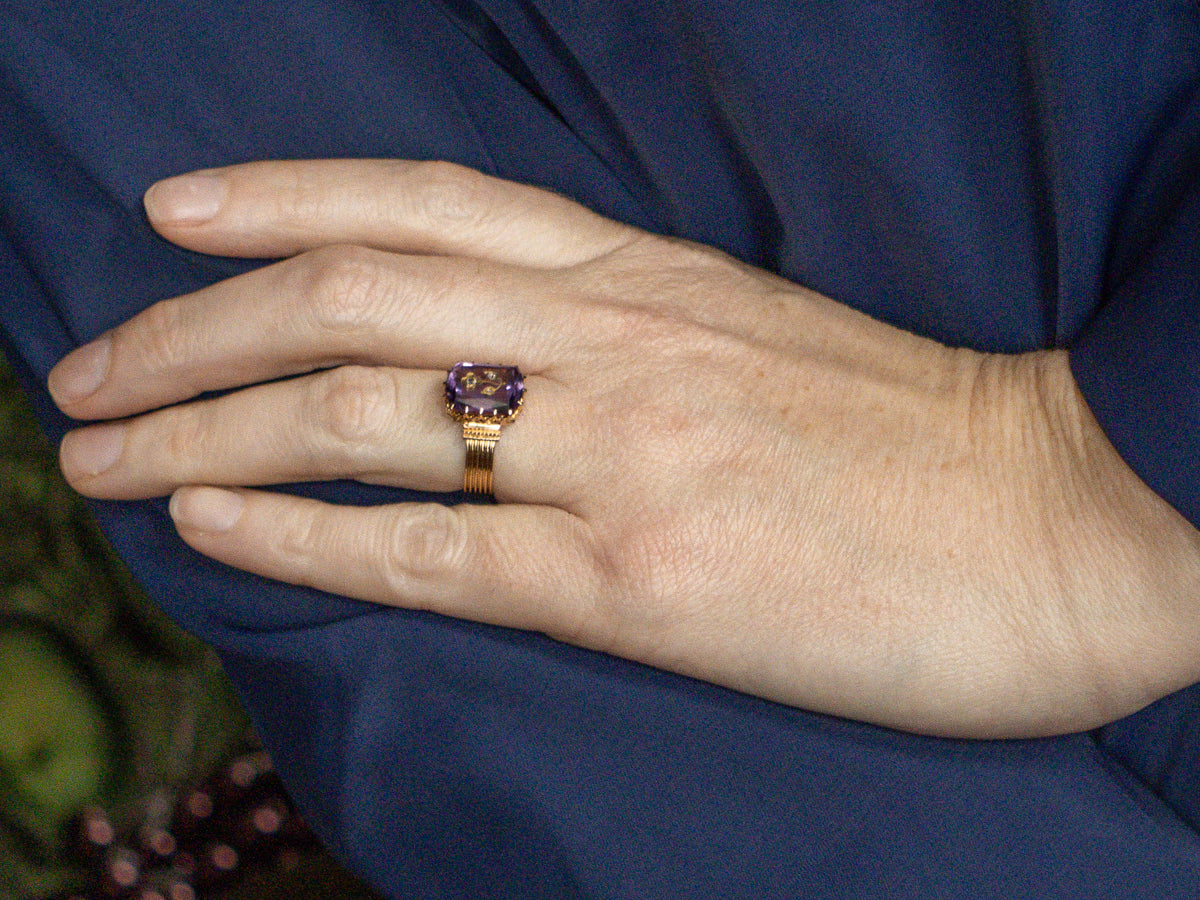 Victorian Era Carved Amethyst Rose Cut Diamond Flower Ring