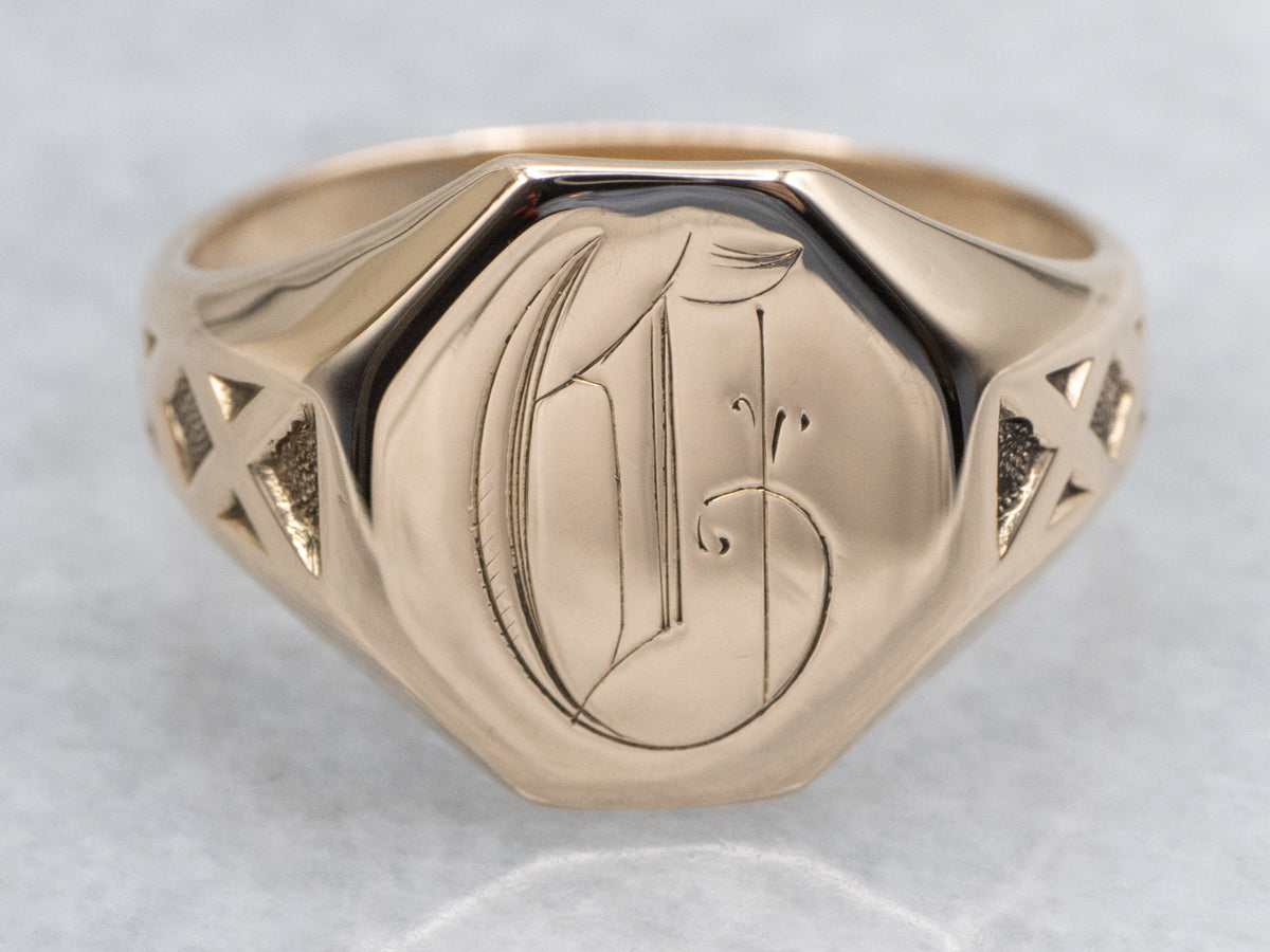 Ostby and Barton Engraved Gold Initial "G" Crisscross Signet Ring