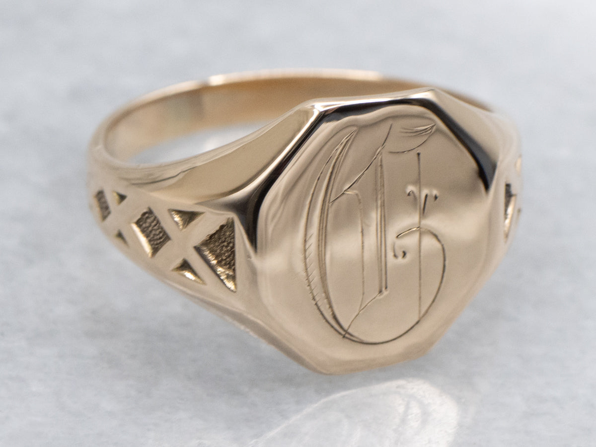 Ostby and Barton Engraved Gold Initial "G" Crisscross Signet Ring