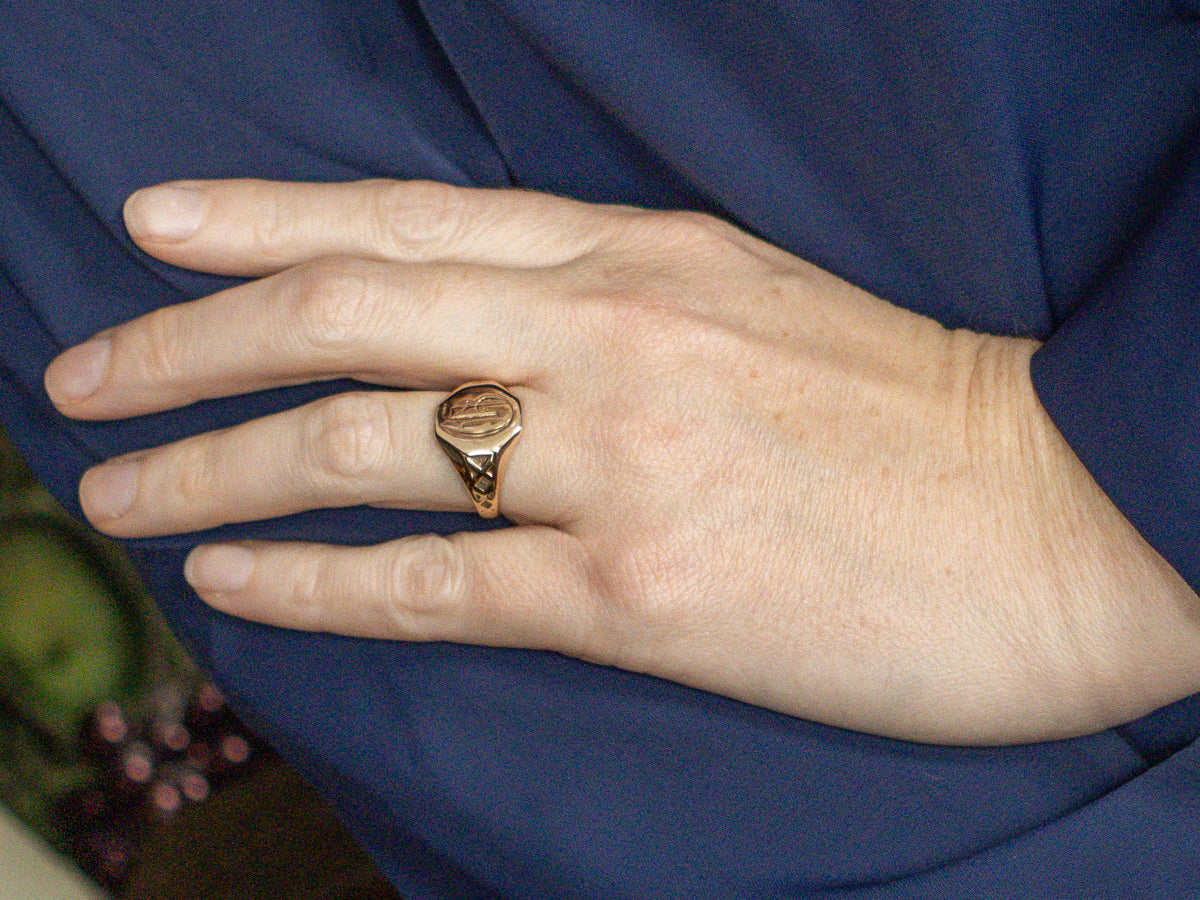 Ostby and Barton Engraved Gold Initial "G" Crisscross Signet Ring
