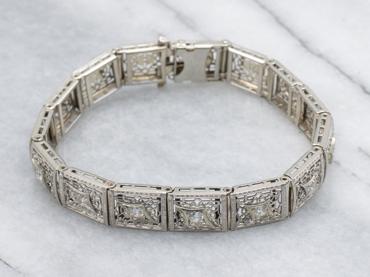 Art Deco Old Mine Cut Diamond Gold Filigree Link Bracelet
