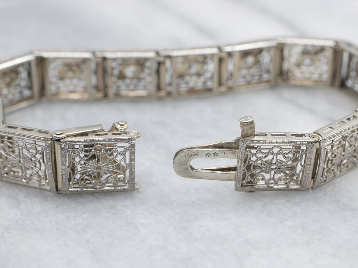 Art Deco Old Mine Cut Diamond Gold Filigree Link Bracelet