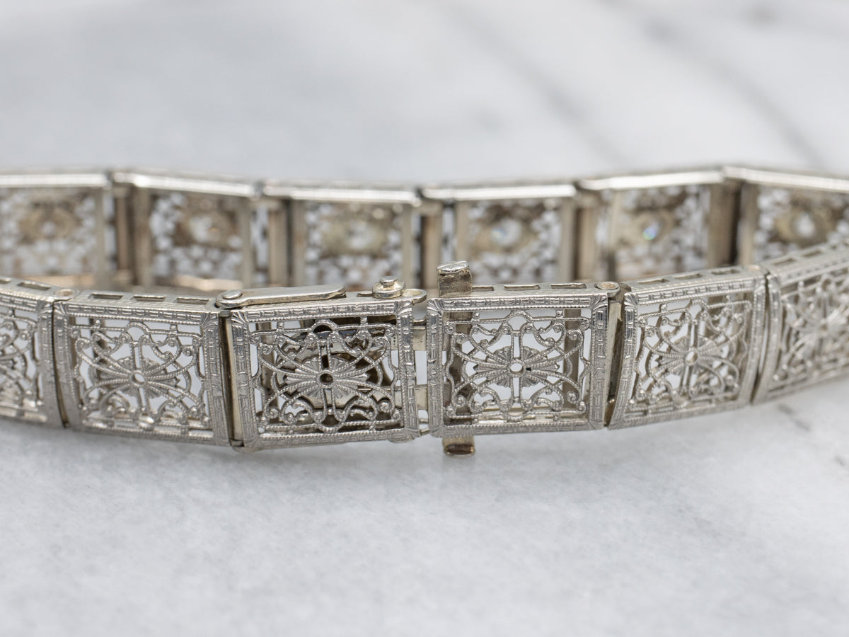 Art Deco Old Mine Cut Diamond Gold Filigree Link Bracelet