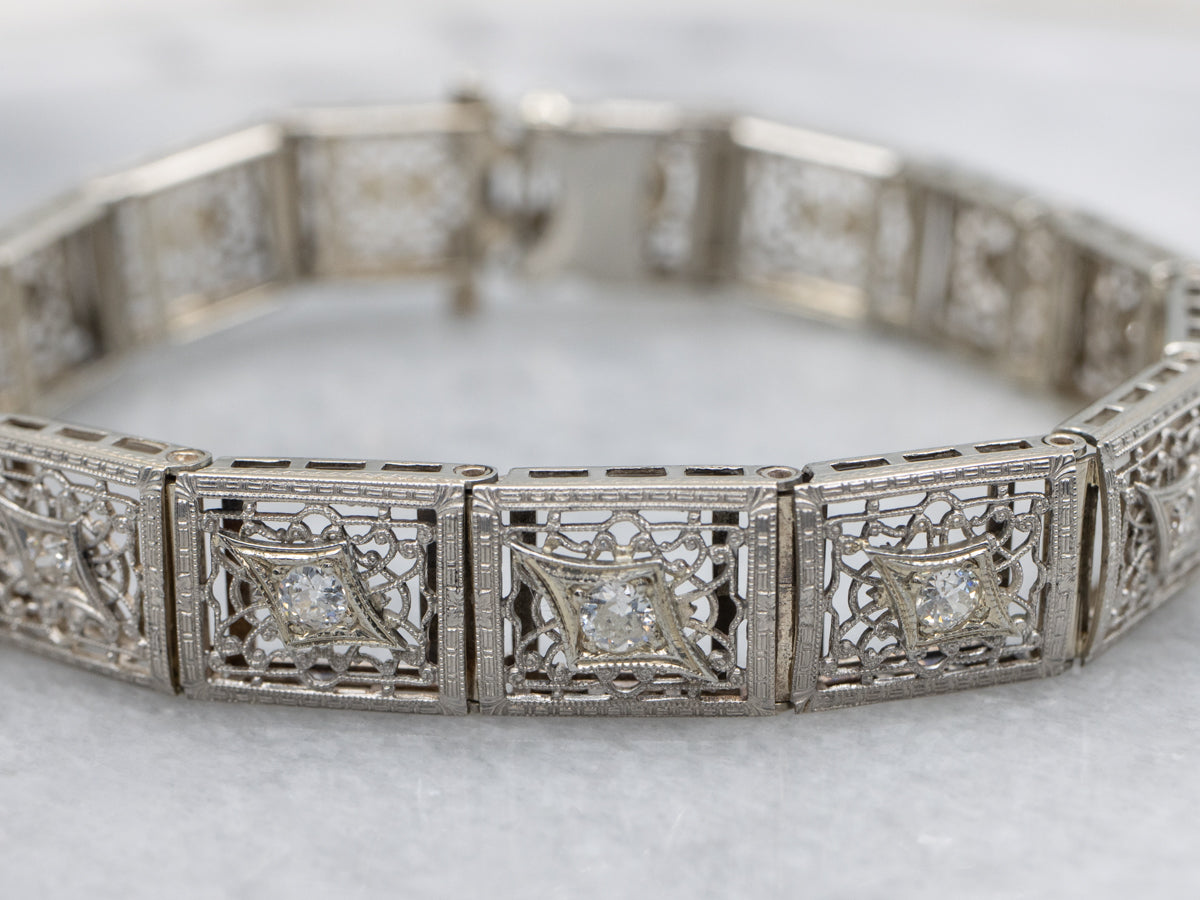 Art Deco Old Mine Cut Diamond Gold Filigree Link Bracelet