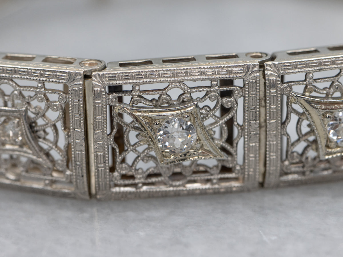 Art Deco Old Mine Cut Diamond Gold Filigree Link Bracelet