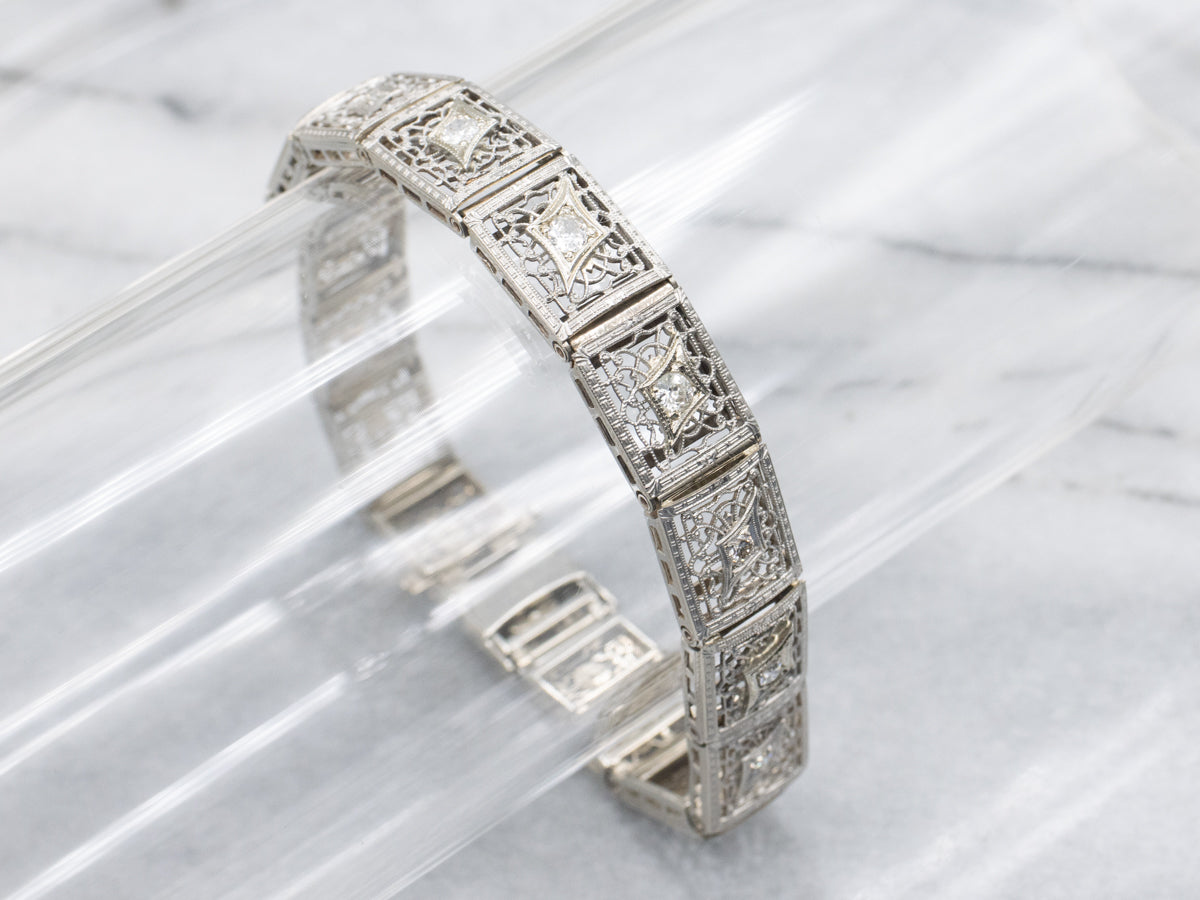 Art Deco Old Mine Cut Diamond Gold Filigree Link Bracelet
