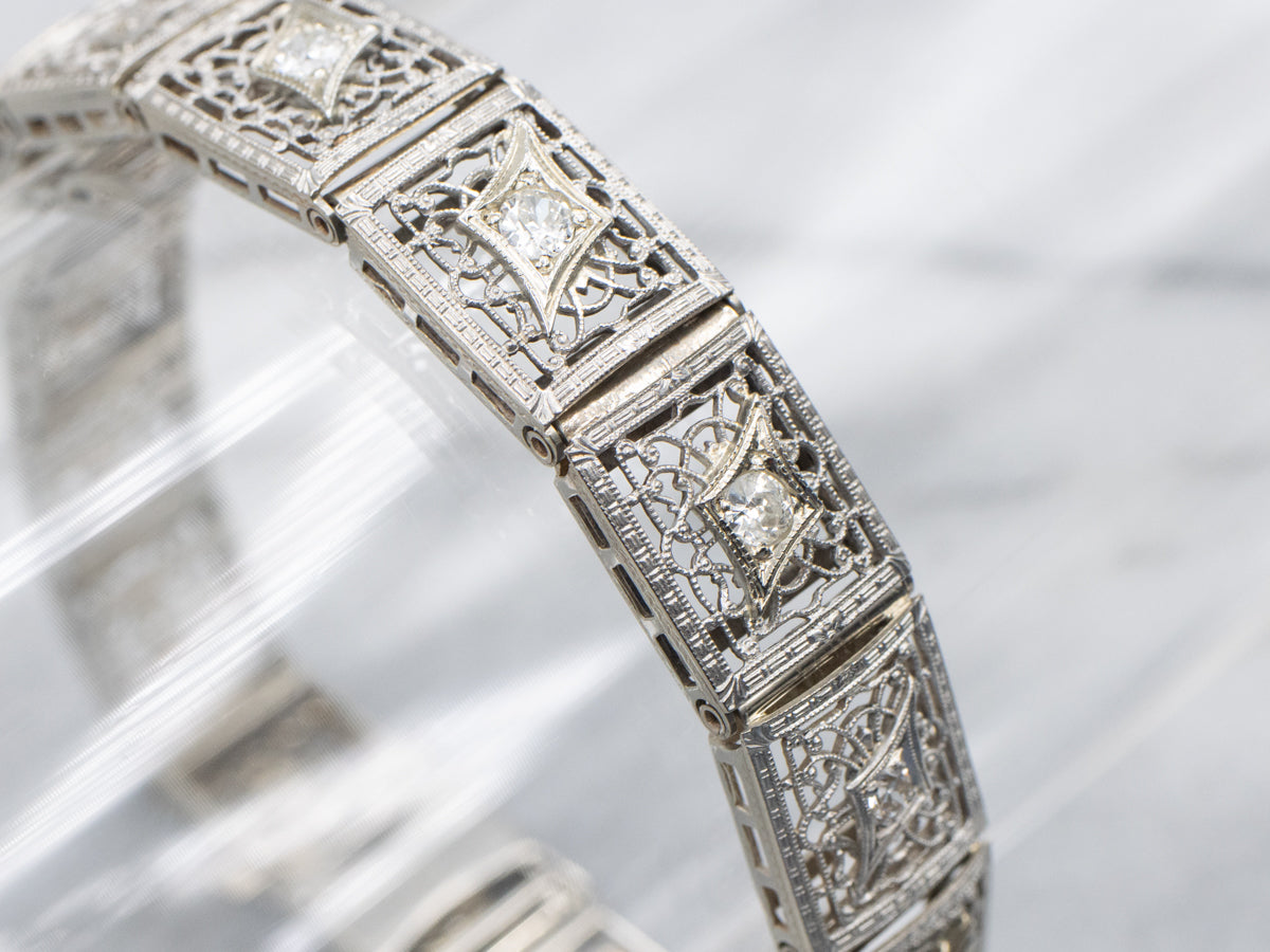 Art Deco Old Mine Cut Diamond Gold Filigree Link Bracelet