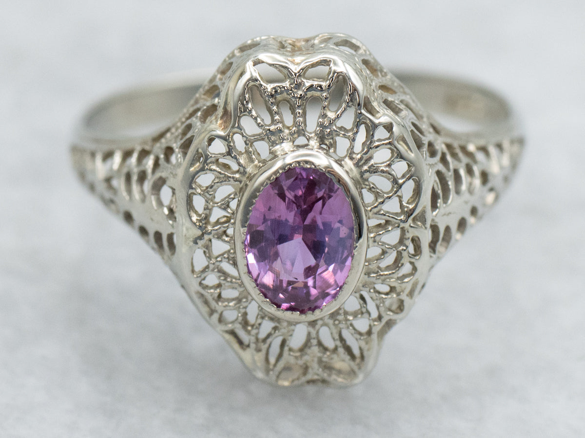 1920s Pink Sapphire Solitaire Filigree Ring