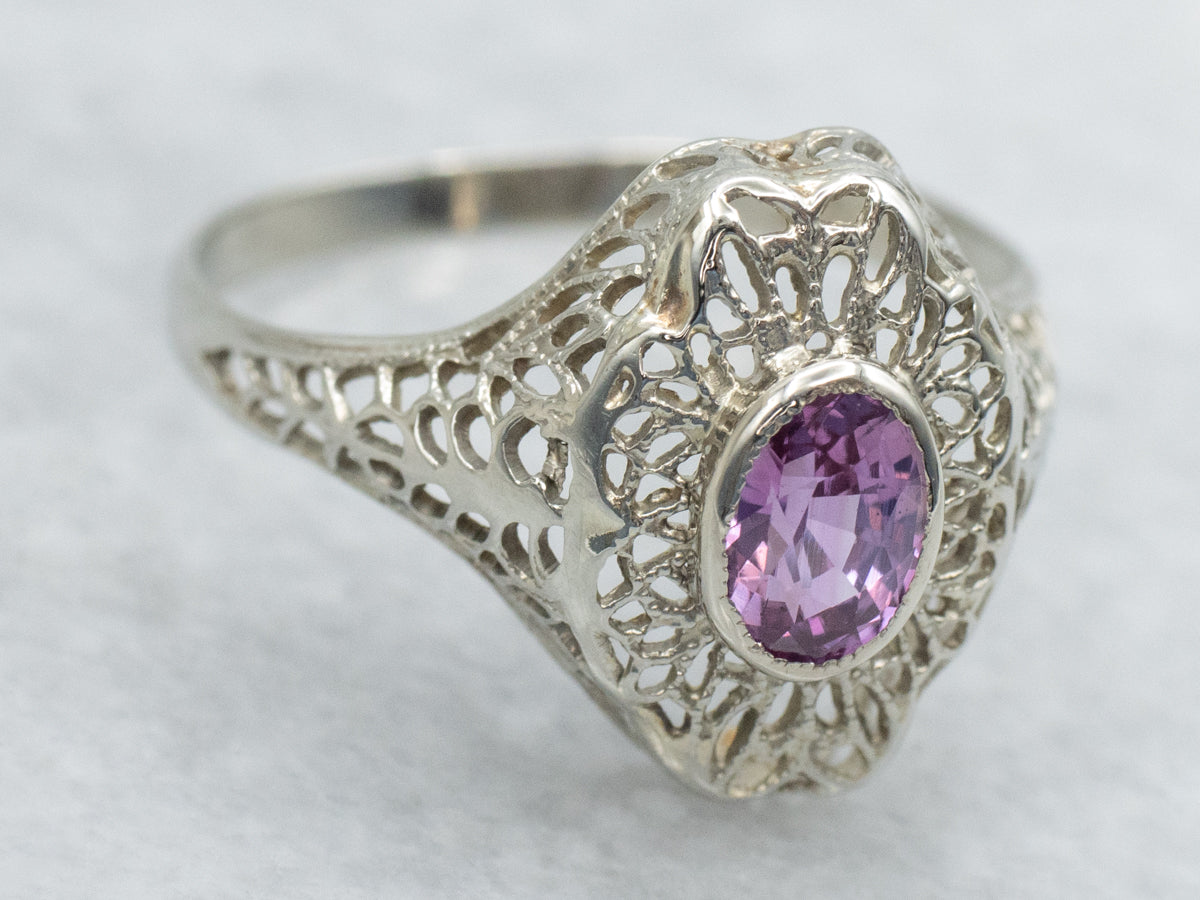 1920s Pink Sapphire Solitaire Filigree Ring