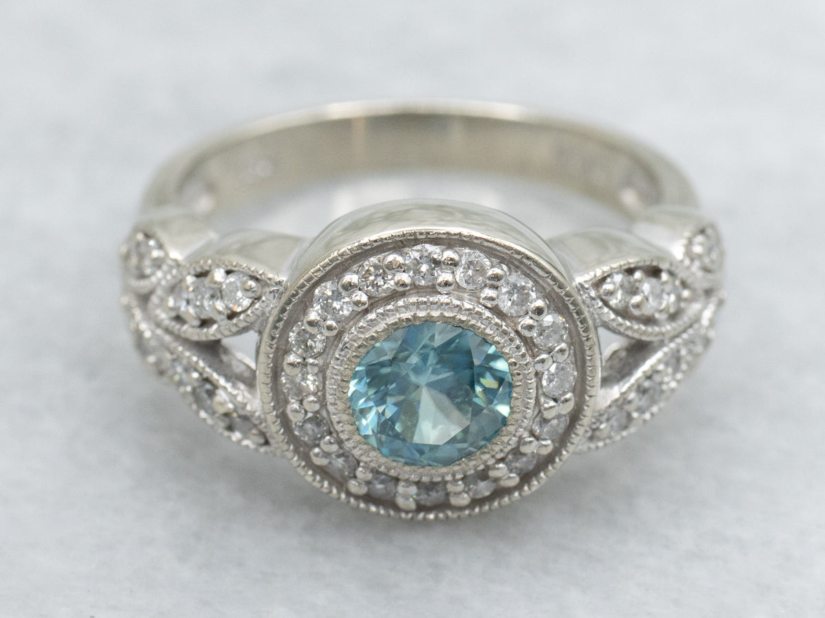 Modern Blue Zircon and Diamond Halo Ring with Split Shoulders