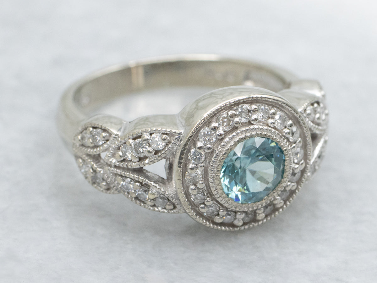 Modern Blue Zircon and Diamond Halo Ring with Split Shoulders