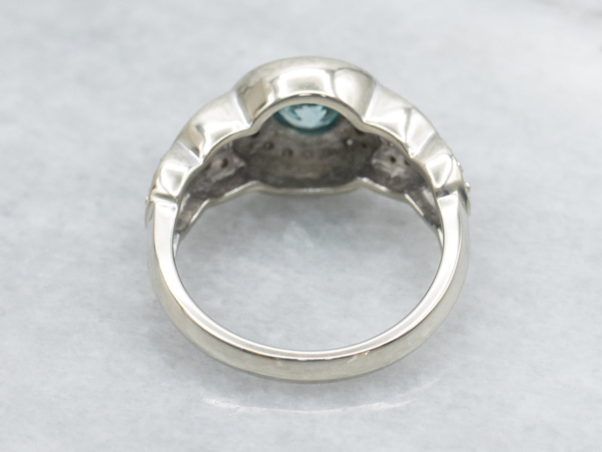 Modern Blue Zircon and Diamond Halo Ring with Split Shoulders