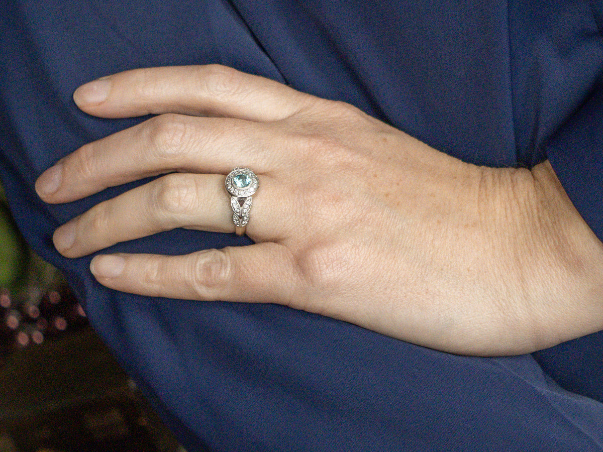 Modern Blue Zircon and Diamond Halo Ring with Split Shoulders