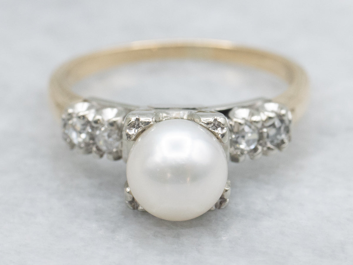 White Pearl and Old Mine Cut Diamond Retro Era Ring