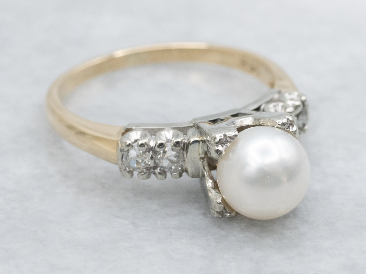 White Pearl and Old Mine Cut Diamond Retro Era Ring