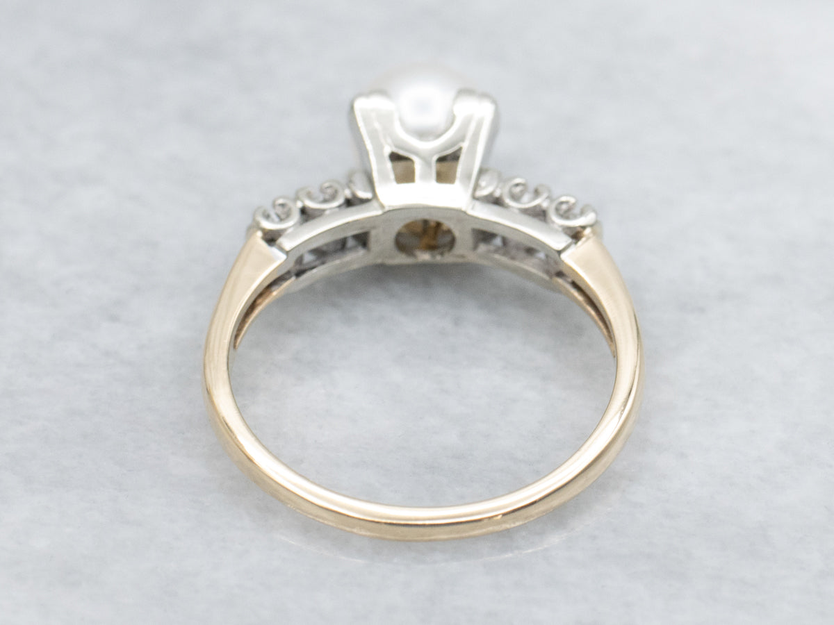 White Pearl and Old Mine Cut Diamond Retro Era Ring