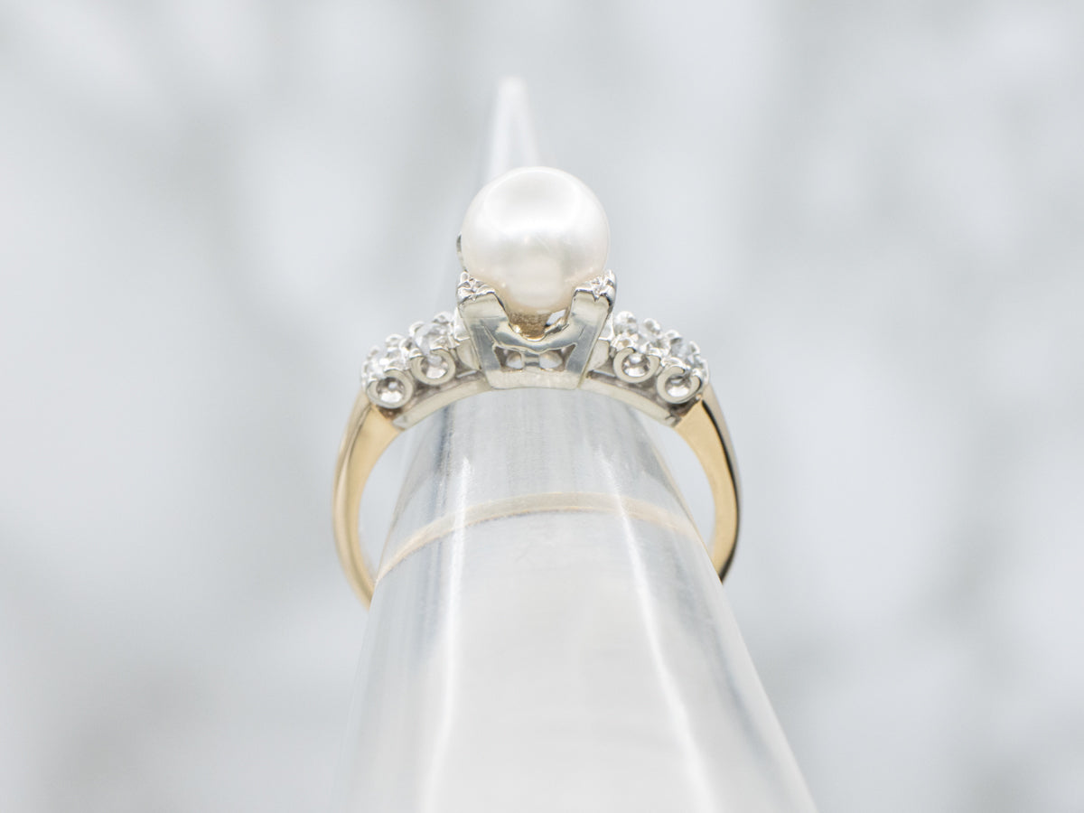 White Pearl and Old Mine Cut Diamond Retro Era Ring