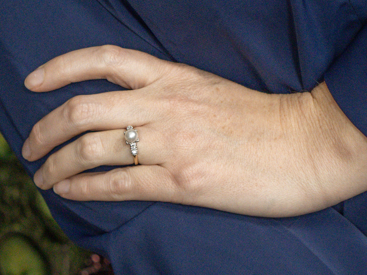 White Pearl and Old Mine Cut Diamond Retro Era Ring