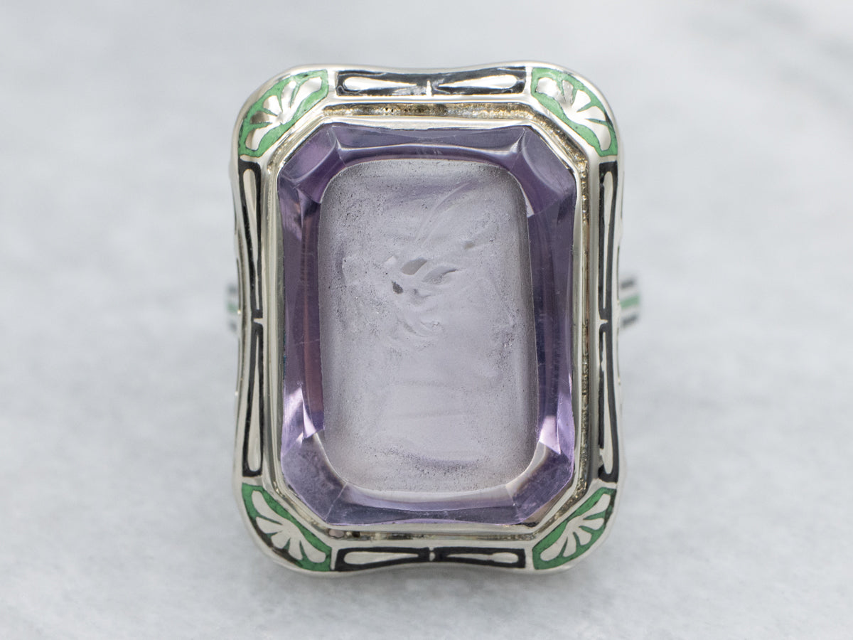 Collectors Amethyst Intaglio Art Deco Era Enamel Cocktail Ring