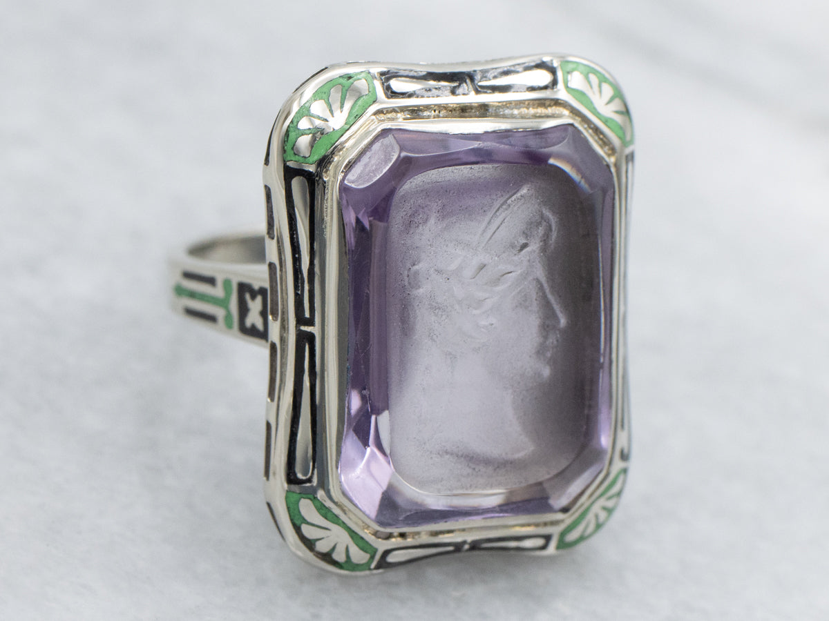 Collectors Amethyst Intaglio Art Deco Era Enamel Cocktail Ring