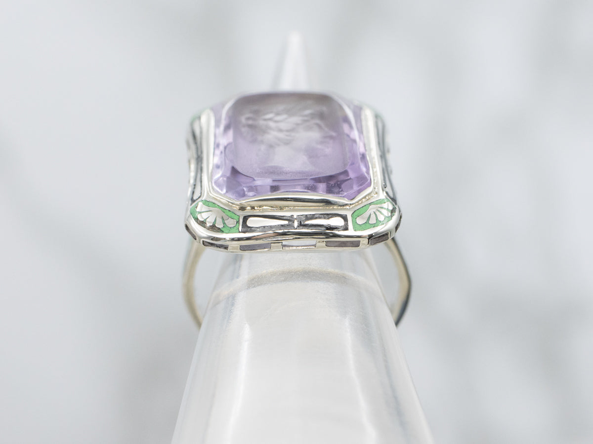 Collectors Amethyst Intaglio Art Deco Era Enamel Cocktail Ring