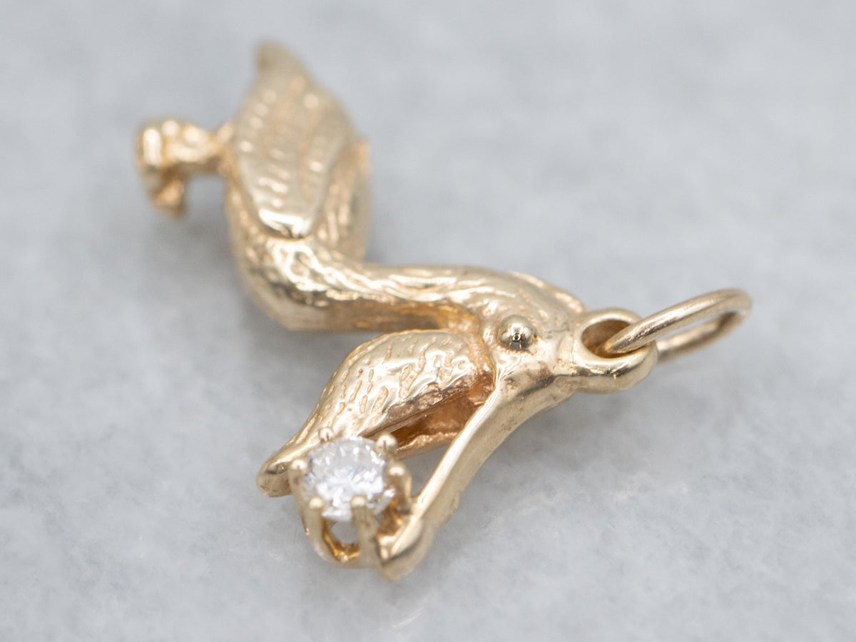 Yellow Gold Detailed Pelican Pendant with Diamond in Mouth