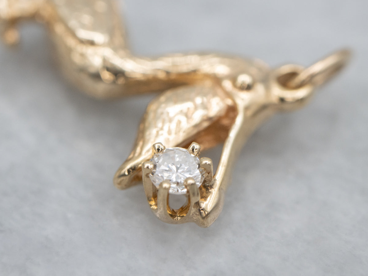Yellow Gold Detailed Pelican Pendant with Diamond in Mouth