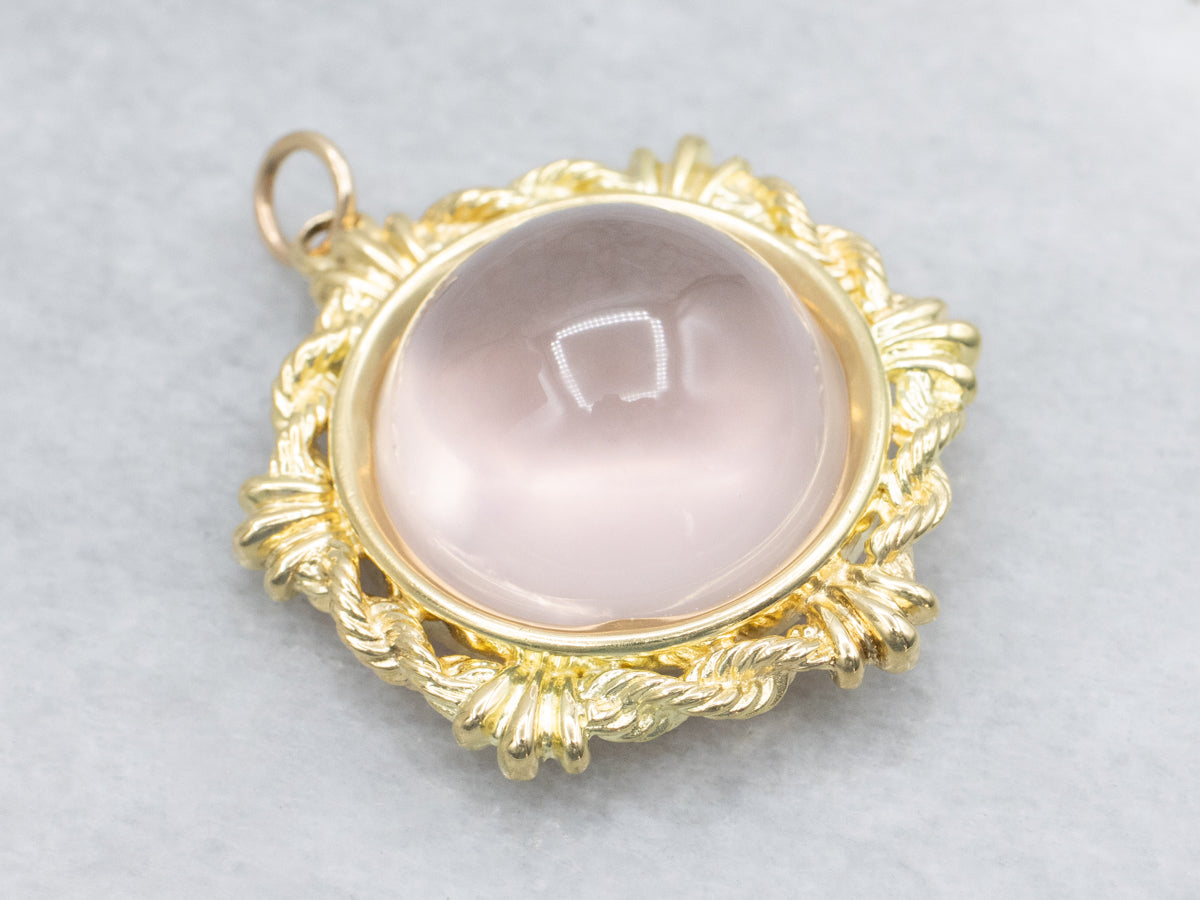Rose Quartz Cabochon Gold Pendant Nautical Rope Setting