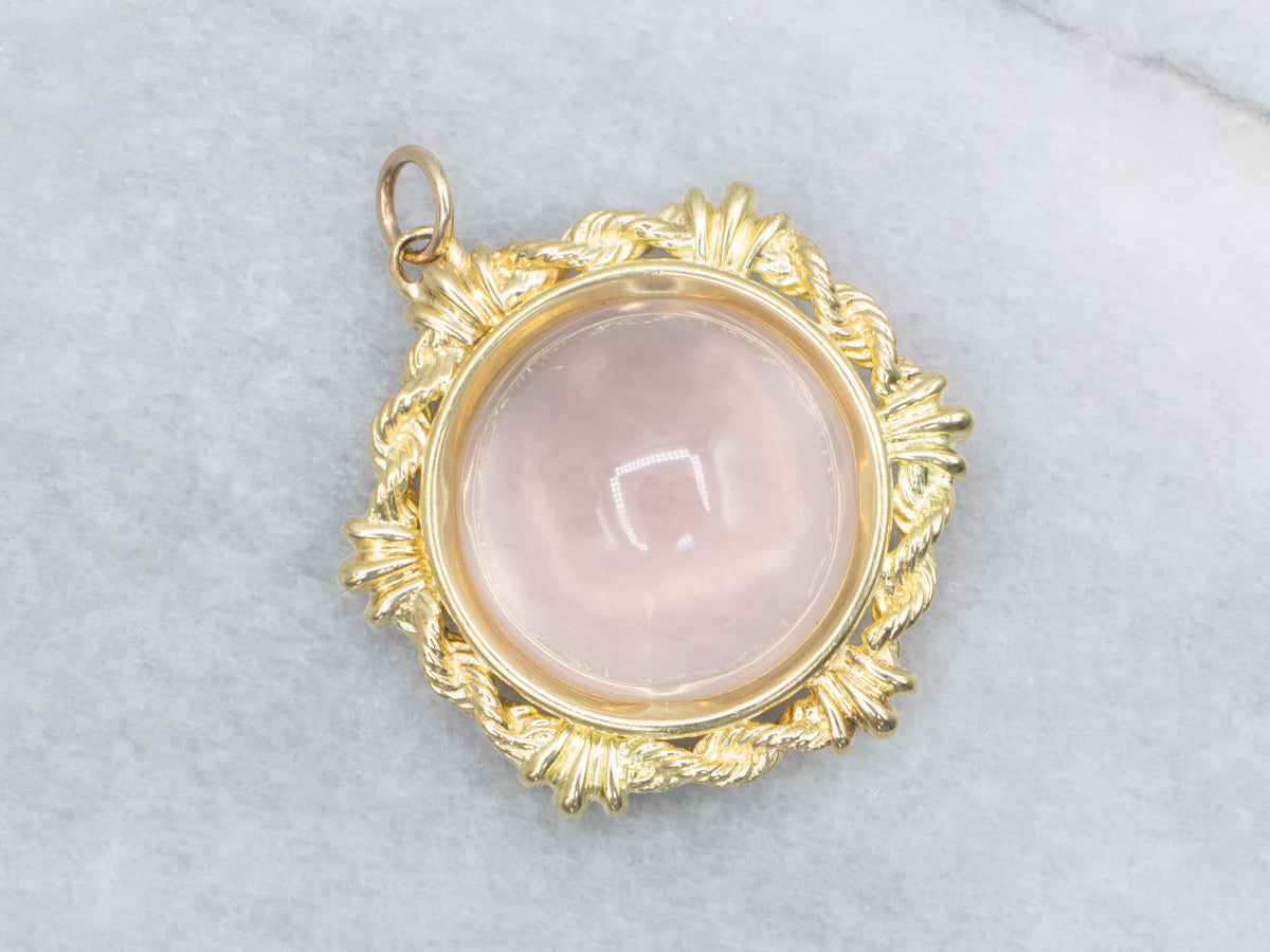 Rose Quartz Cabochon Gold Pendant Nautical Rope Setting